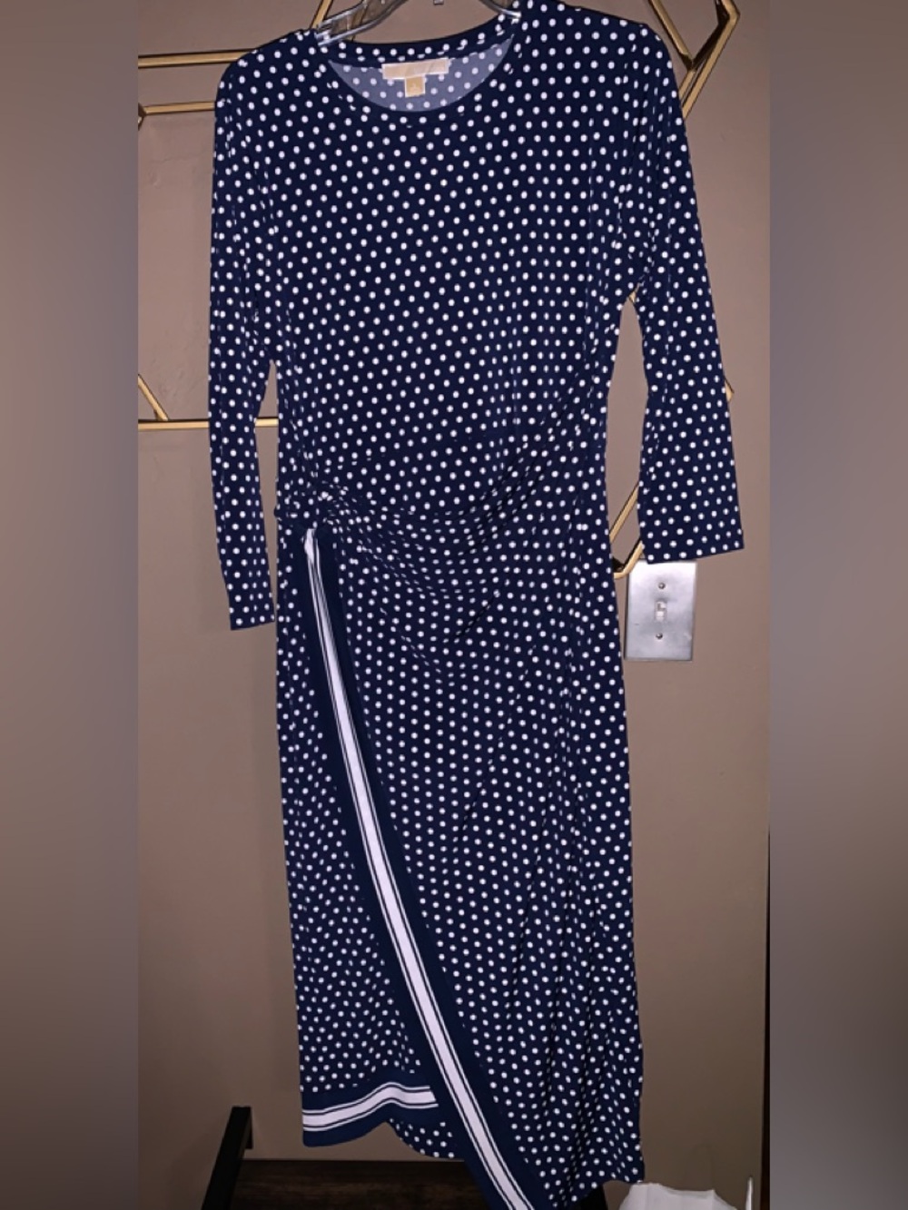 Michael Kors Navy and White Polka Dot Long Sleeve Midi Dress Women's L $40
